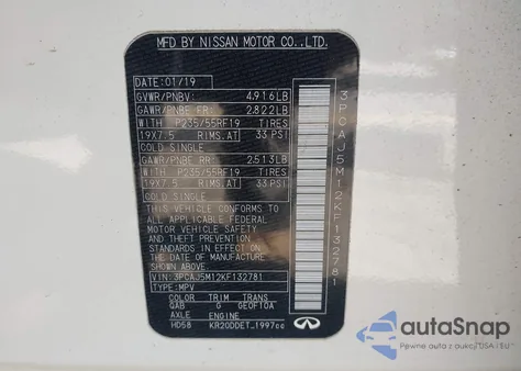 2019 Infiniti Qx50 Luxe z USA, uszkodzony, nr VIN 3PCAJ5M12KF132781